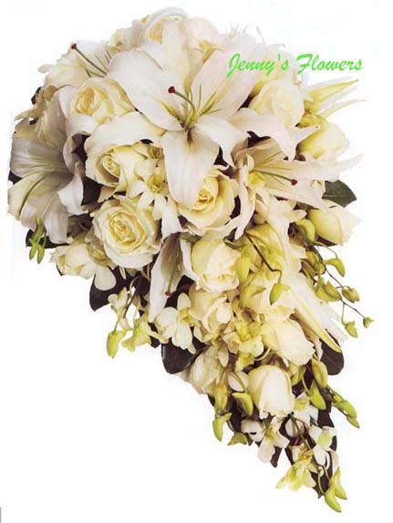 {Teardrop Bouquet with Tineke Roses, Casablanca Lillies, Singapore Orchids, and Laurel leaves}